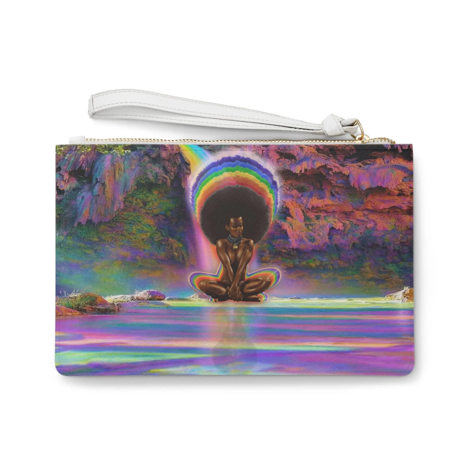 Black Girl Magic Clutch - Back view of the vegan leather purse with a detail of the rainbow chakra art print.