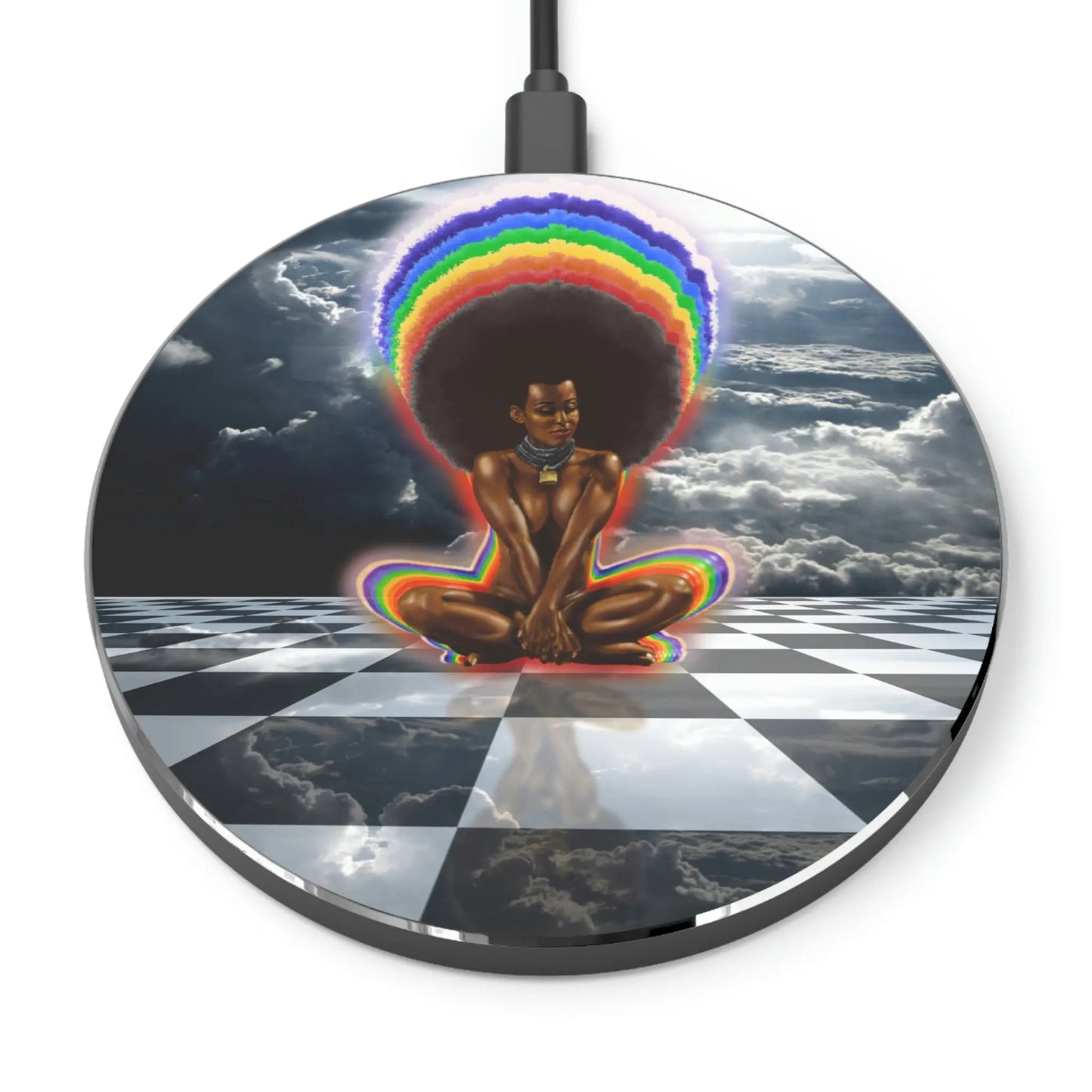 "Black Girl Magic" Wireless Charger on a white background, showing the full chakra aura design.