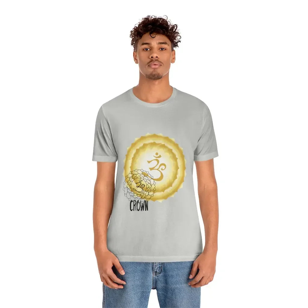 Men's gray t-shirt with golden crown chakra and Om symbol design for spiritual energy and mindfulness