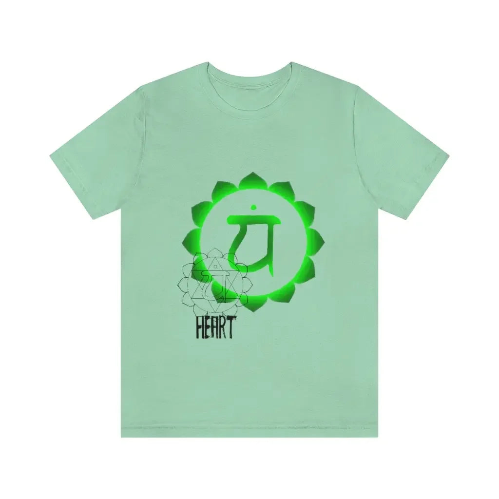 Mint green t-shirt with glowing green heart chakra symbol and 'HEART' text, spiritual energy apparel