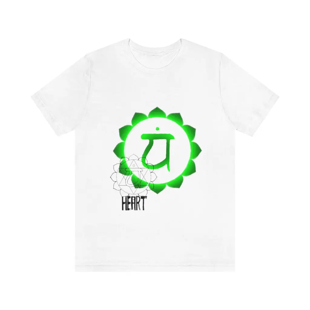 Boundless Heart Chakra Shirt in white on a flat background, showcasing the vibrant Anahata symbol.