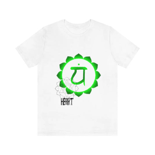 Boundless Heart Chakra Shirt in white on a flat background, showcasing the vibrant Anahata symbol.