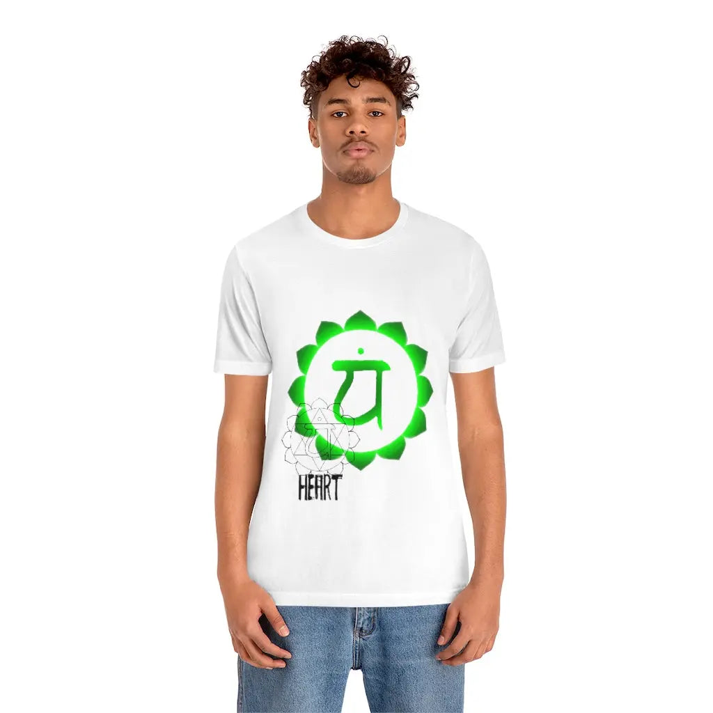 Male model wearing the Boundless Heart Chakra Shirt in a relaxed, joyful pose, highlighting the artistic design.