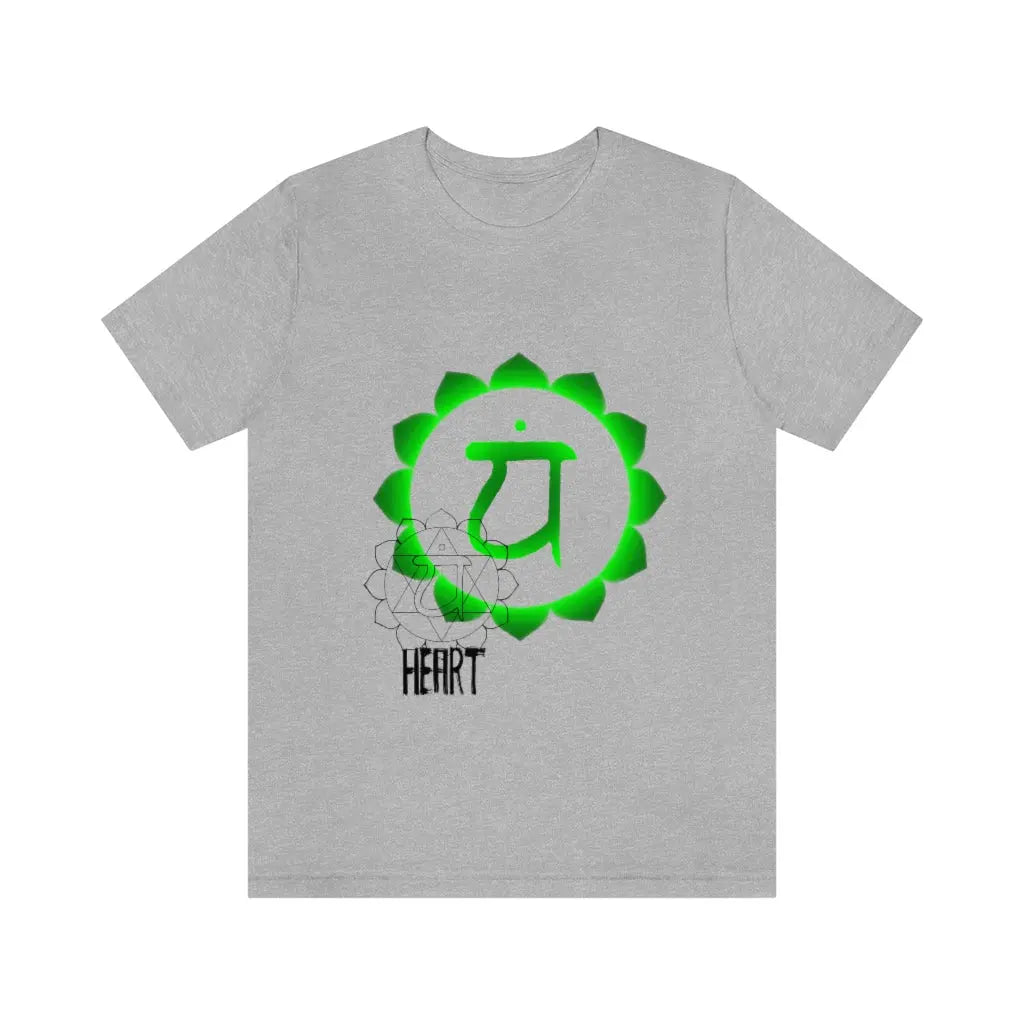 Boundless Heart Chakra Shirt in athletic heather on a flat background, showcasing the vibrant Anahata symbol.