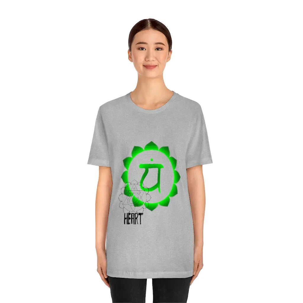 Female model wearing the Boundless Heart Chakra Shirt, demonstrating the comfortable fit and creative expression.