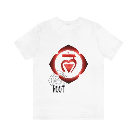 Root Chakra T-Shirt in white on a flat background, showcasing the red, artistic Muladhara symbol.