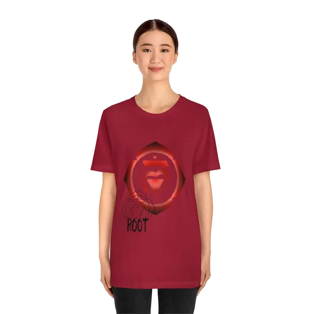 Maroon t-shirt with red root chakra symbol and 'ROOT' text, spiritual energy apparel