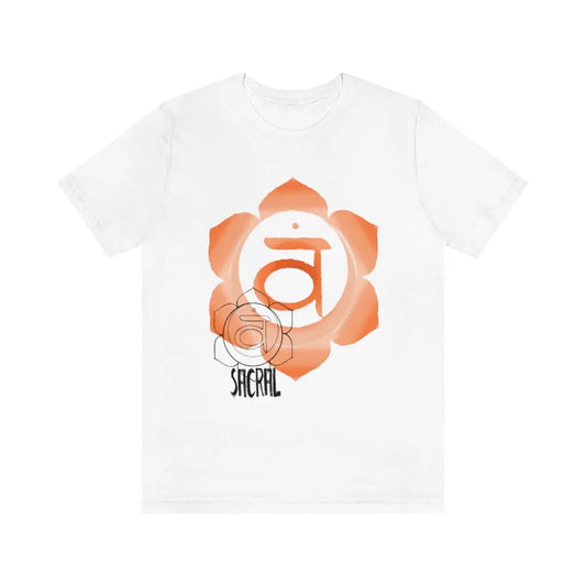 Sacral Chakra T-Shirt in white on a flat background, showcasing the vibrant Swadhisthana symbol with "SACRAL" text.