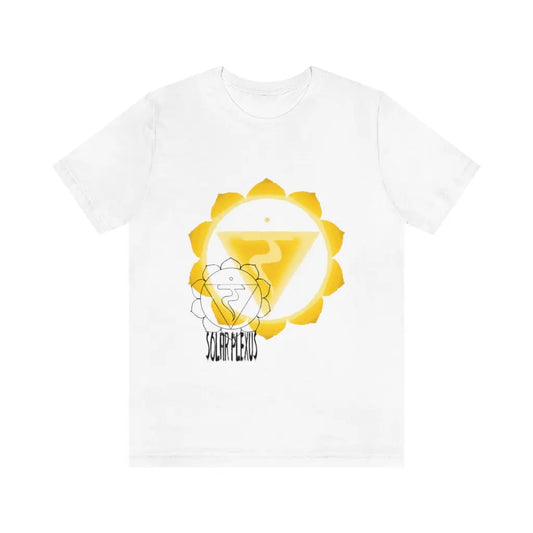 Boundless Solar Plexus Chakra Shirt in white on a flat background, showcasing the vibrant Manipura symbol.