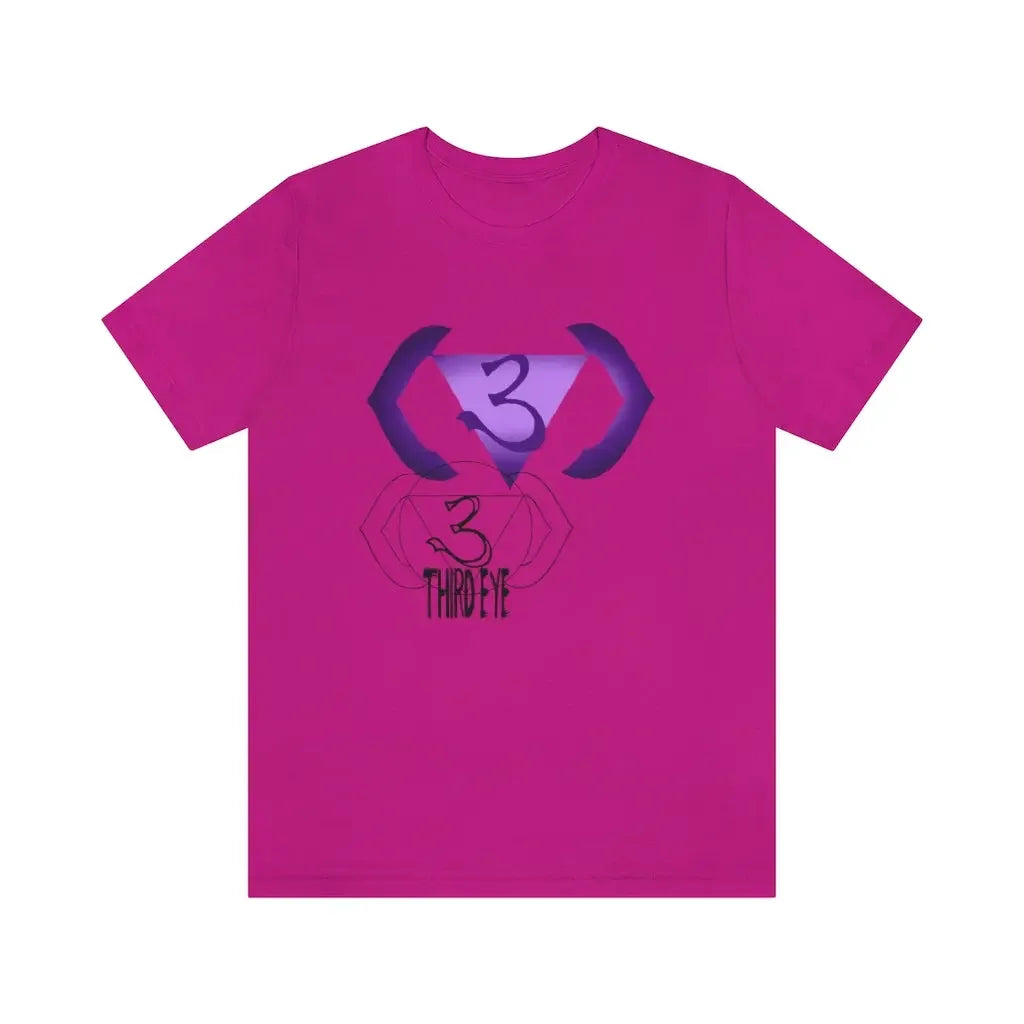 Vibrant pink t-shirt with Third Eye chakra symbol and '3' design for spiritual energy and mindfulness