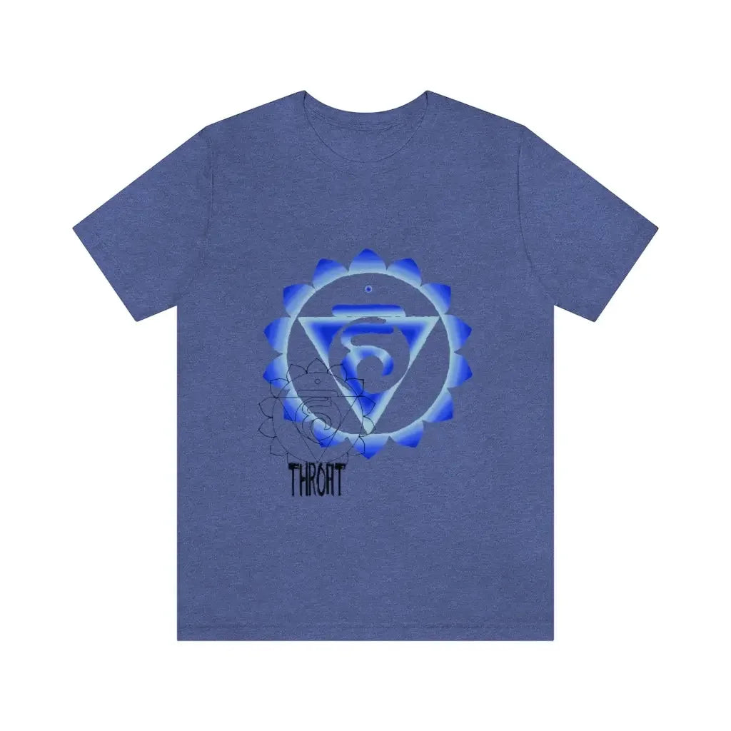 Blue heather t-shirt with Throat Chakra symbol, featuring a glowing blue lotus and Sanskrit 'Ham' mantra for energy healing.