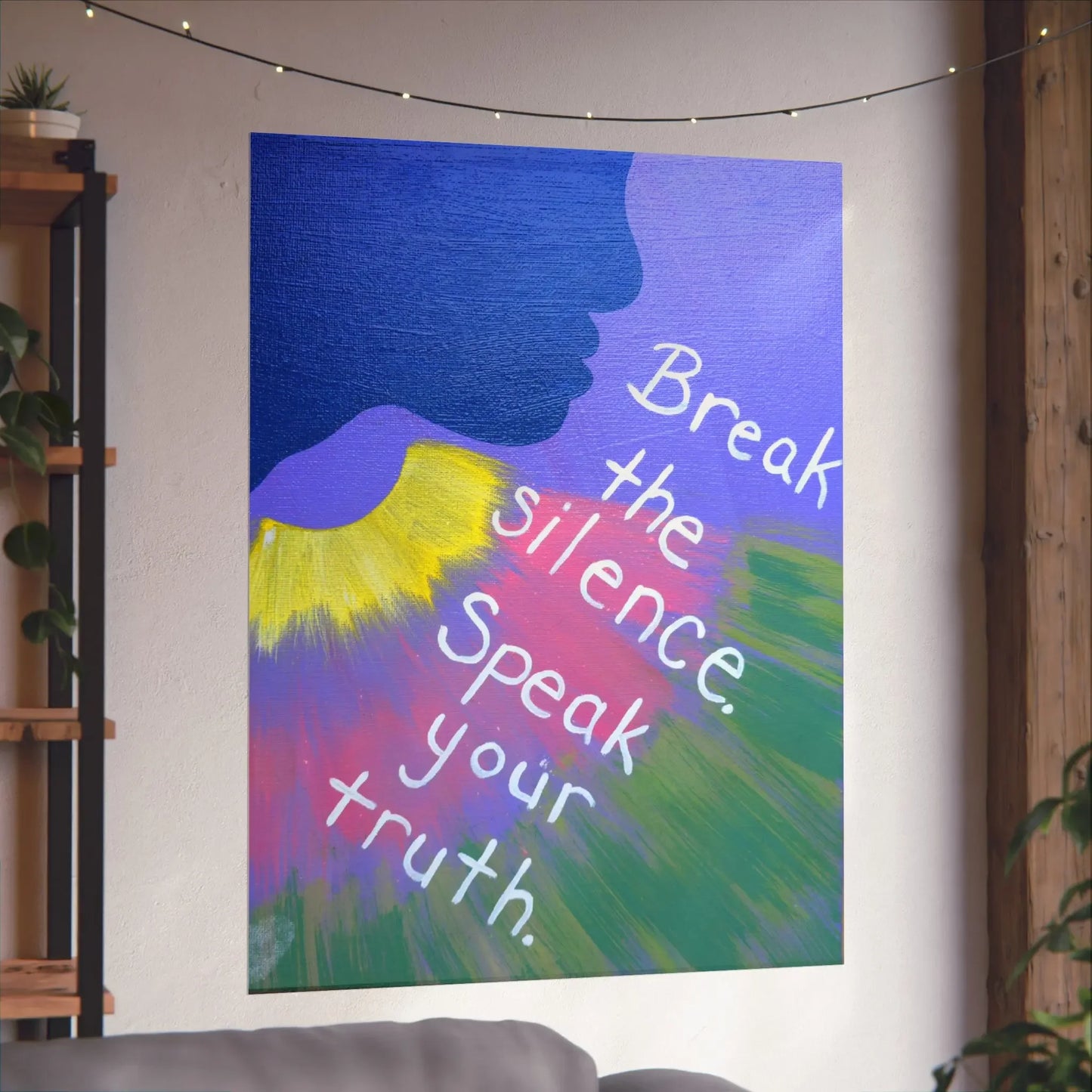 "Break the Silence" poster by Te' Youngblood displayed in a modern living room.