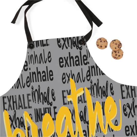 Detail Mockup: Close-up of the "Breathe" apron design next to fresh ingredients.