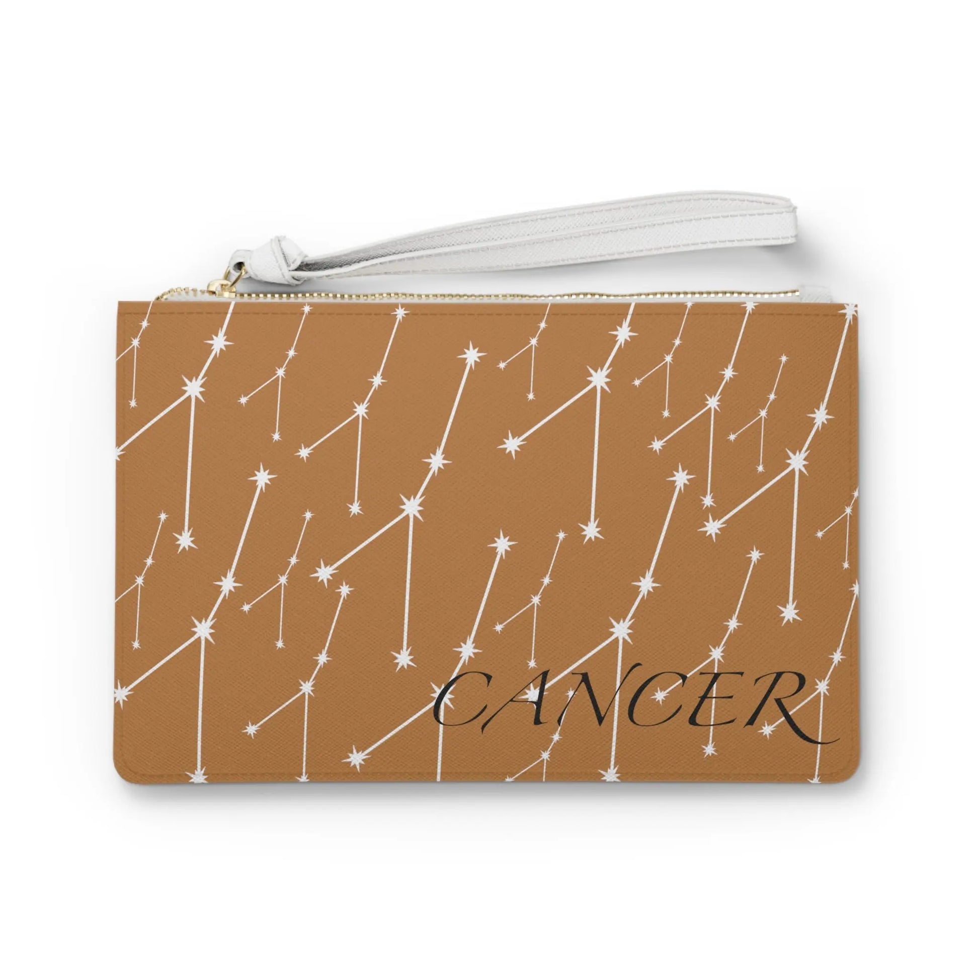Cancer Zodiac Clutch - Front view of brown vegan leather purse with white constellation print.