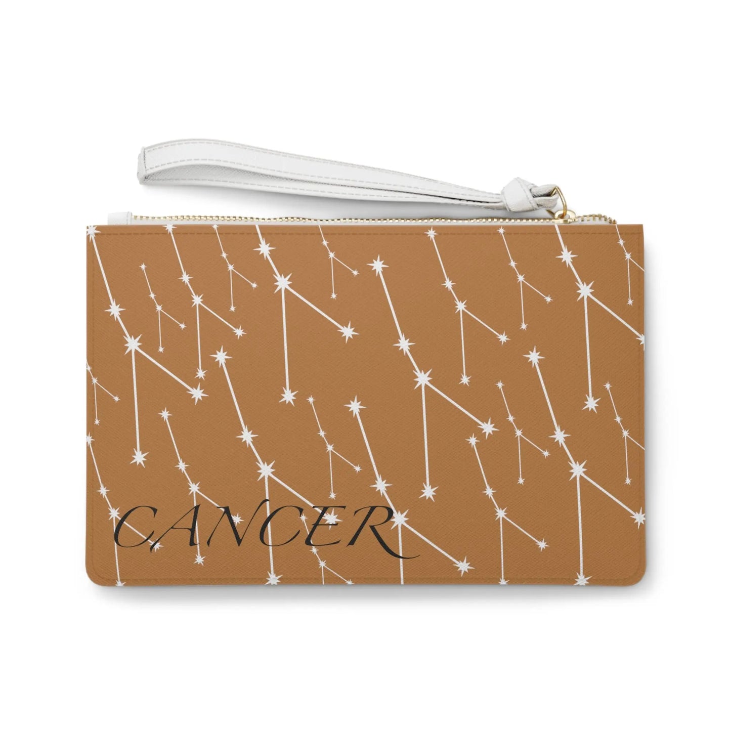 Cancer Zodiac Clutch - Back view of brown vegan leather purse with white constellation print.