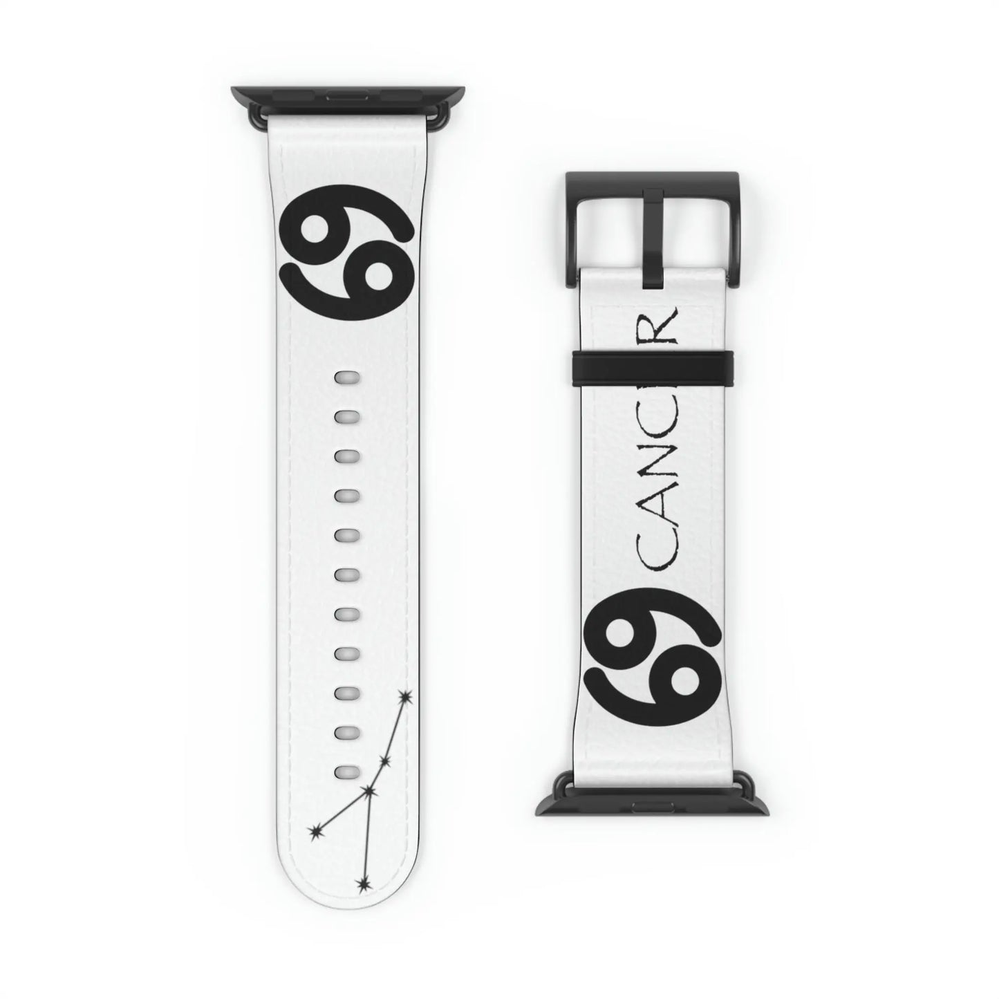 White Cancer Zodiac Yang Watch Band with a Black buckle.