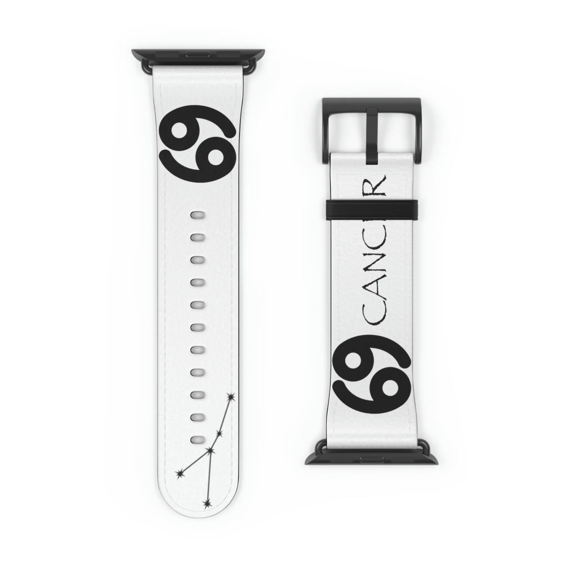 White Cancer Zodiac Yang Watch Band with a Black buckle.