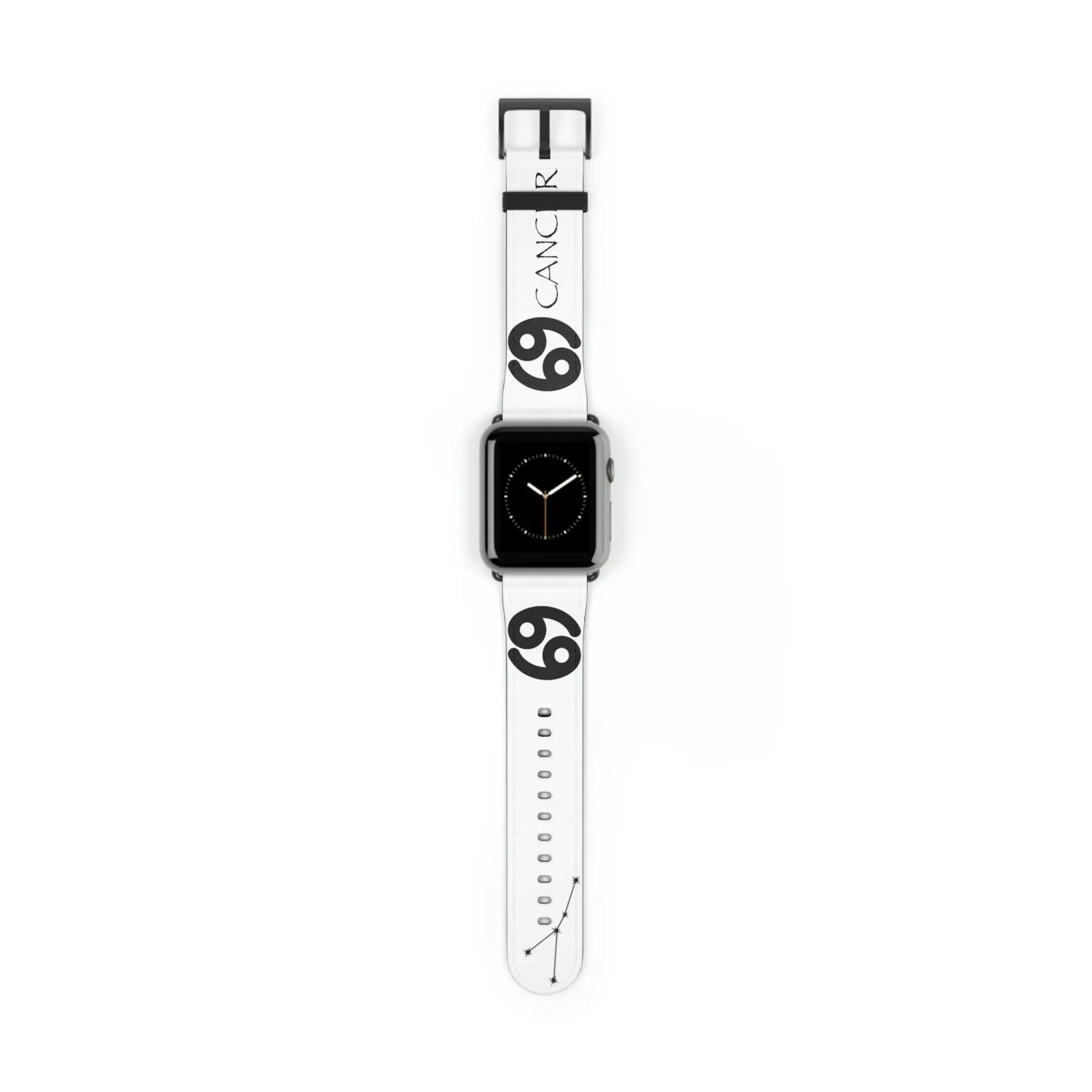 The white Cancer Yang band shown on an Apple Watch.