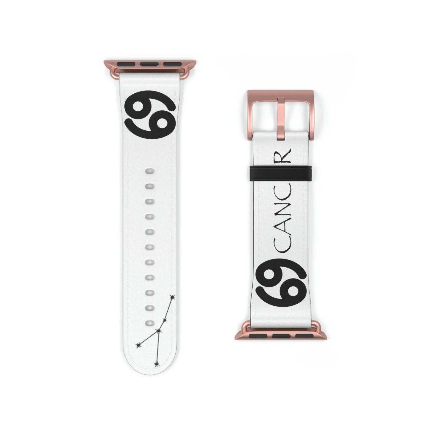 White Cancer Zodiac Yang Watch Band with a Rose Gold buckle.