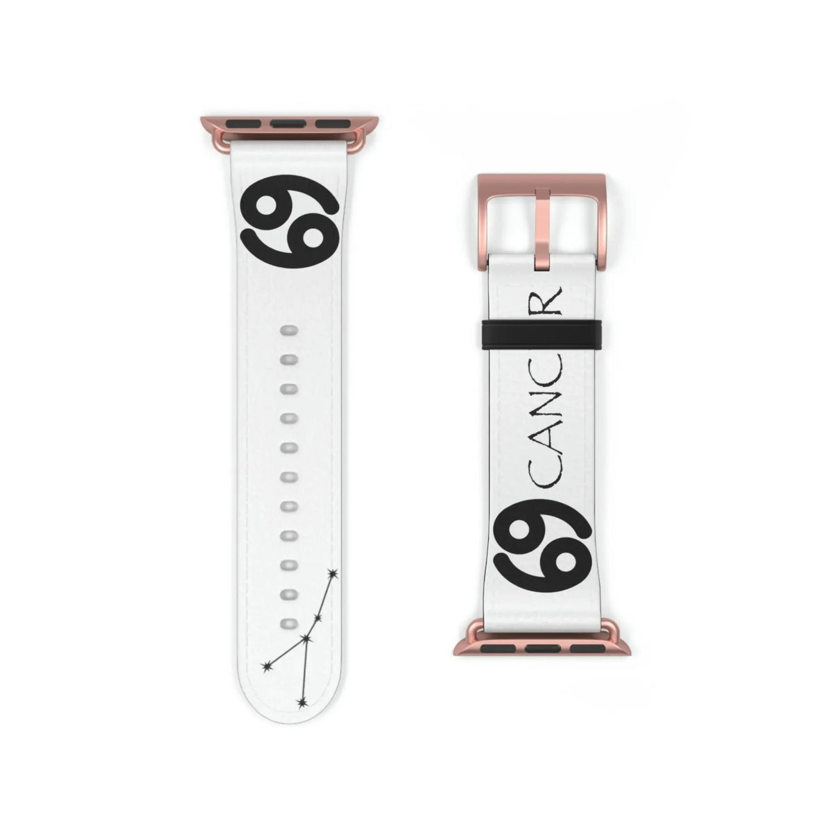 White Apple Watch band with Cancer zodiac symbol and constellation, rose gold buckle