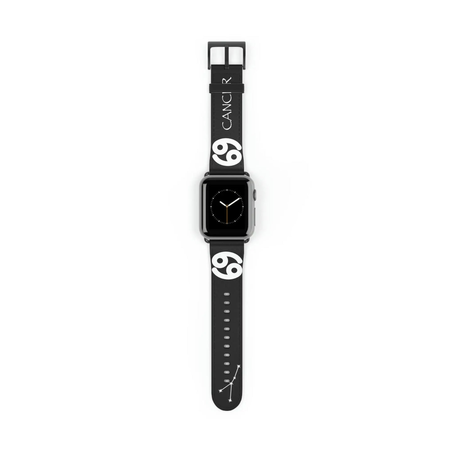 The black Cancer Yin band shown on an Apple Watch.