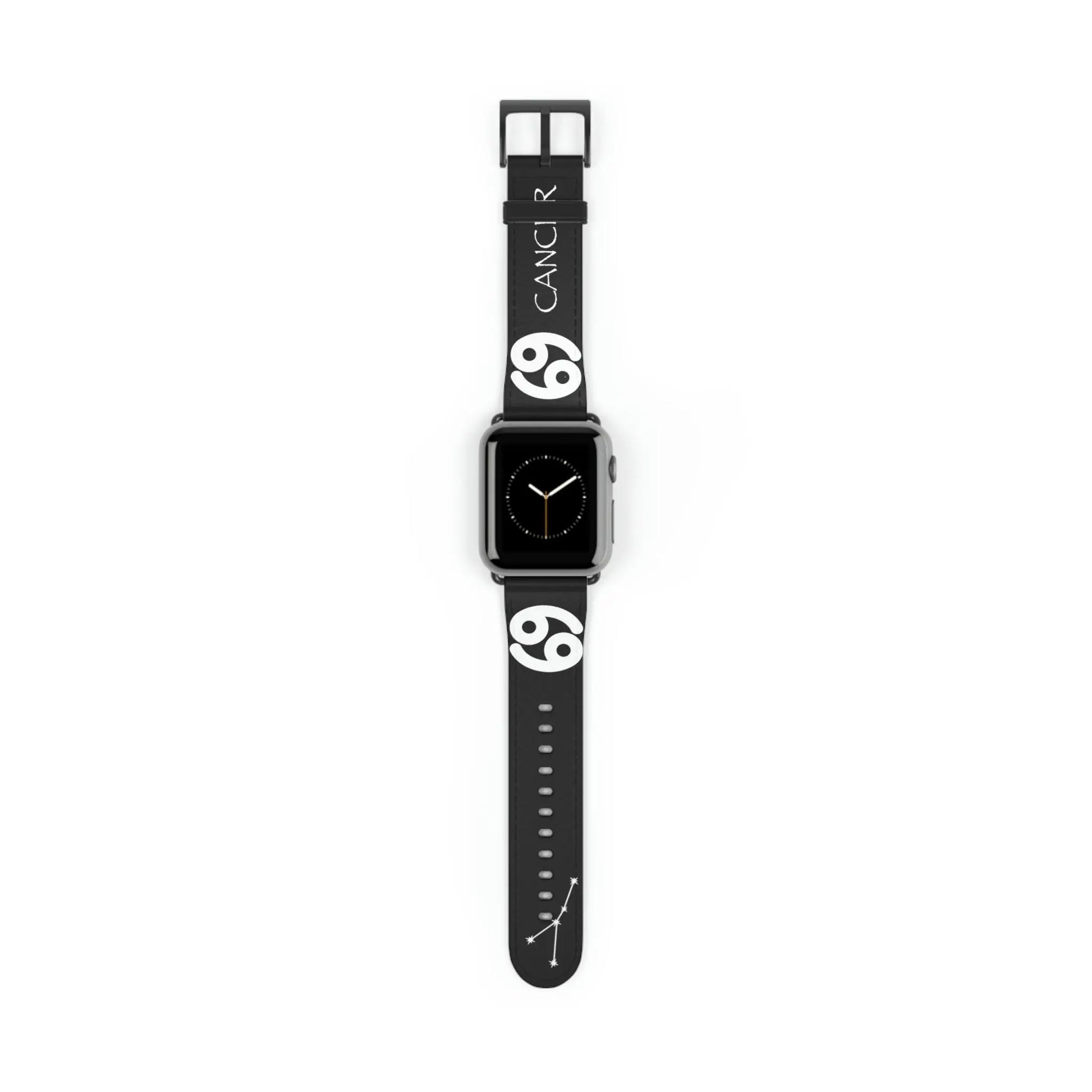 The black Cancer Yin band shown on an Apple Watch.