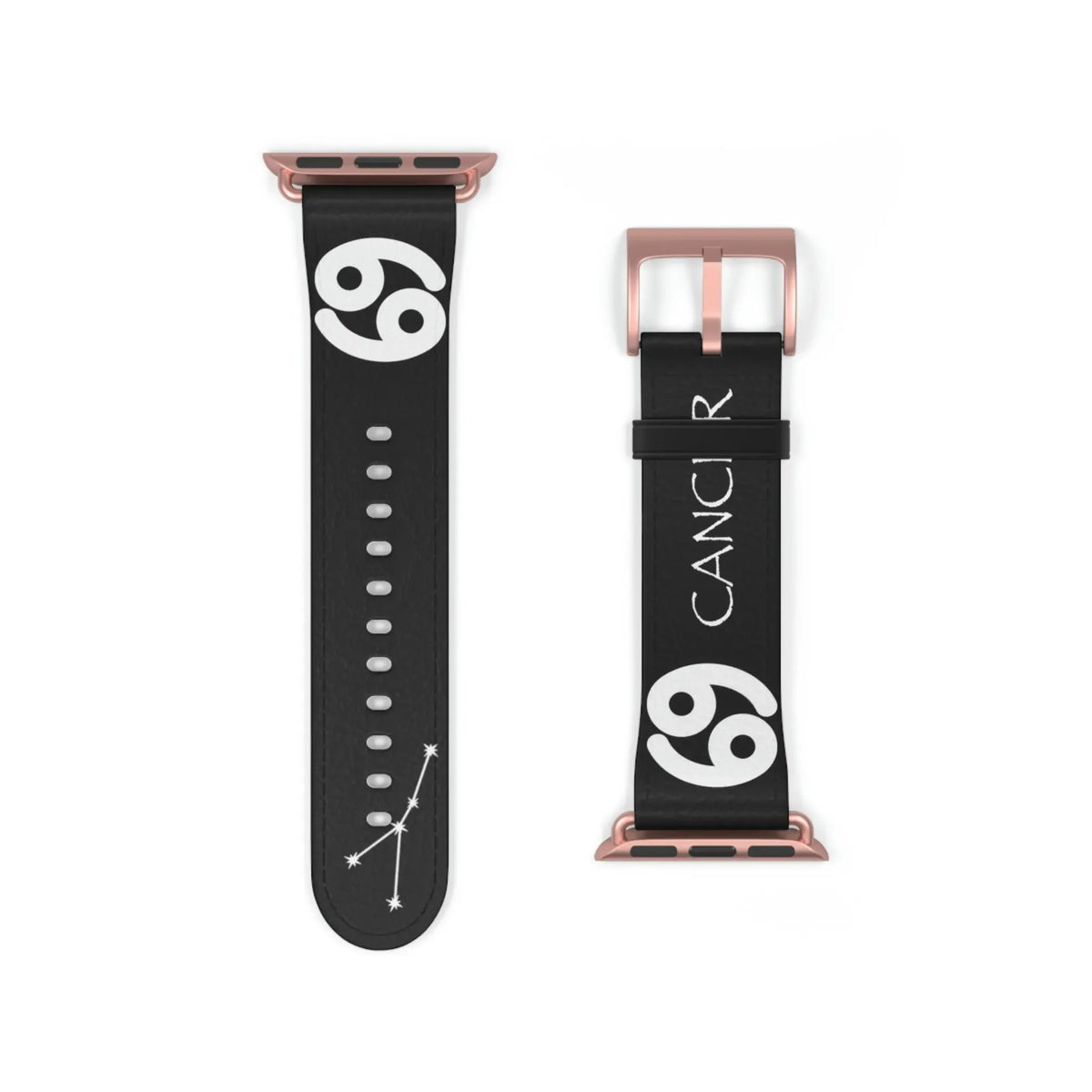 Black Cancer zodiac watch band with white constellation and symbol, rose gold buckle