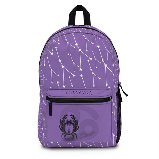 Purple Cancer Zodiac Backpack - Front view showing the constellation print and front pocket emblem.