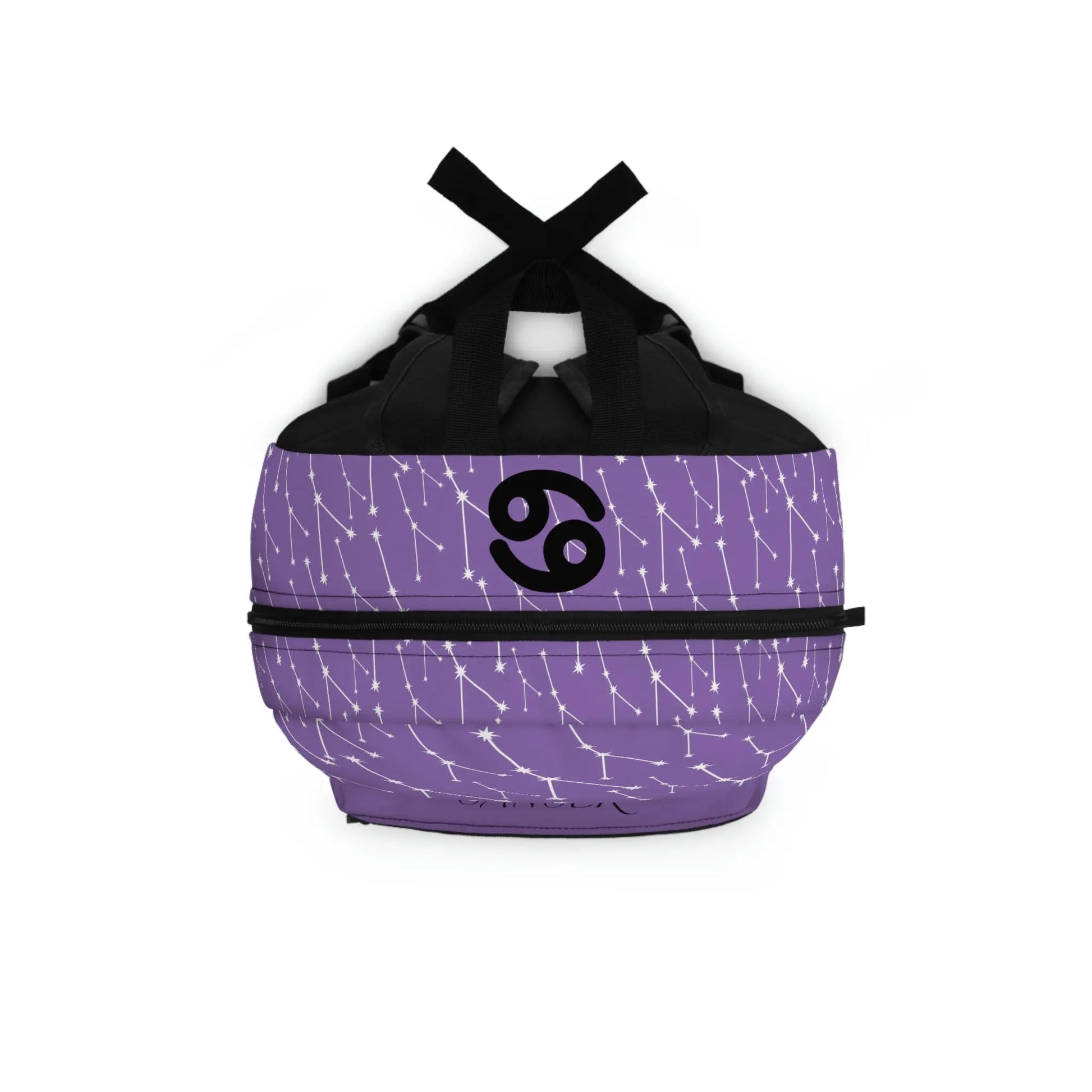 Top-down view of the purple Cancer Zodiac Backpack, showing the main zipper opening and shoulder straps.