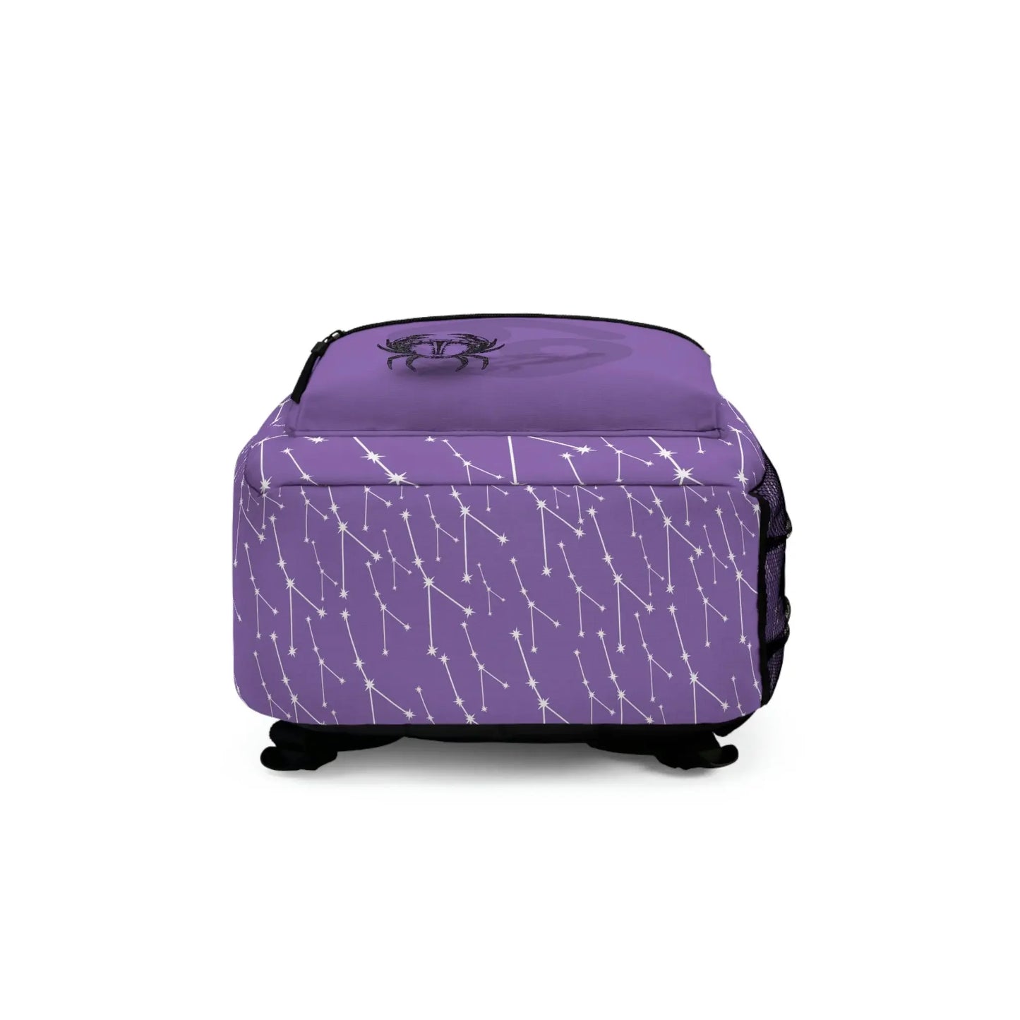 Purple astrology backpack with white constellations and crab zodiac symbol, ideal for spiritual and metaphysical enthusiasts.