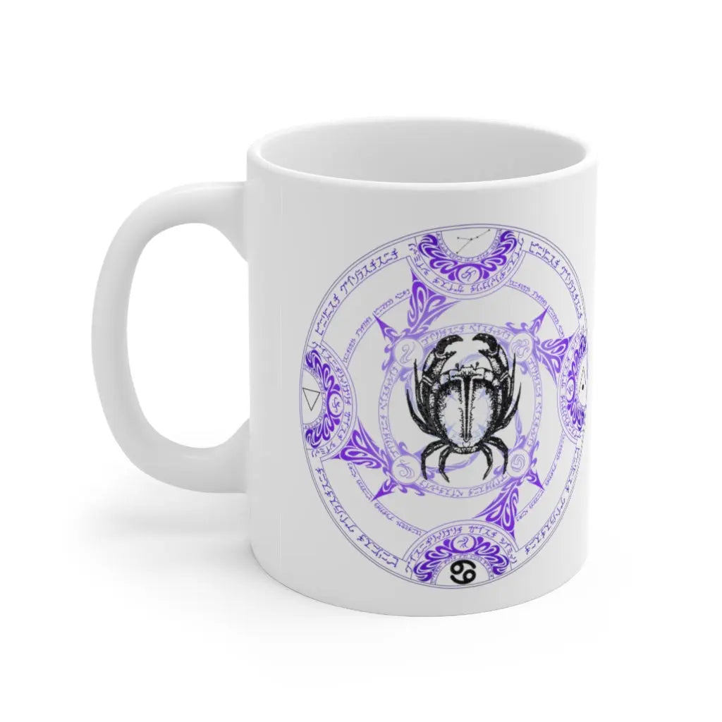 Cancer Zodiac Mug - Right side with intricate blue elemental sigil and Crab, clean white background.