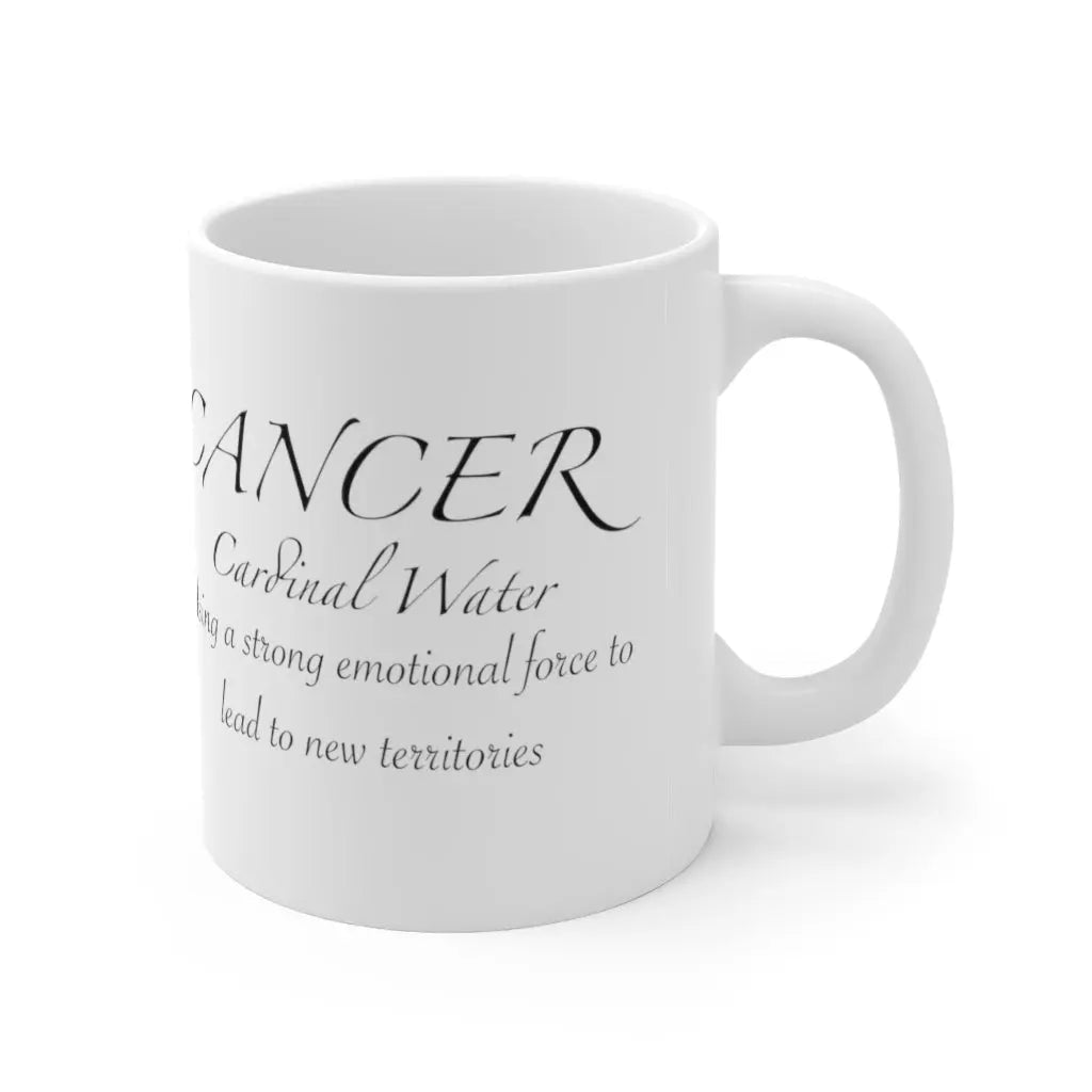 Cancer Zodiac Mug - Left side with "Cardinal Water" quote, clean white background.