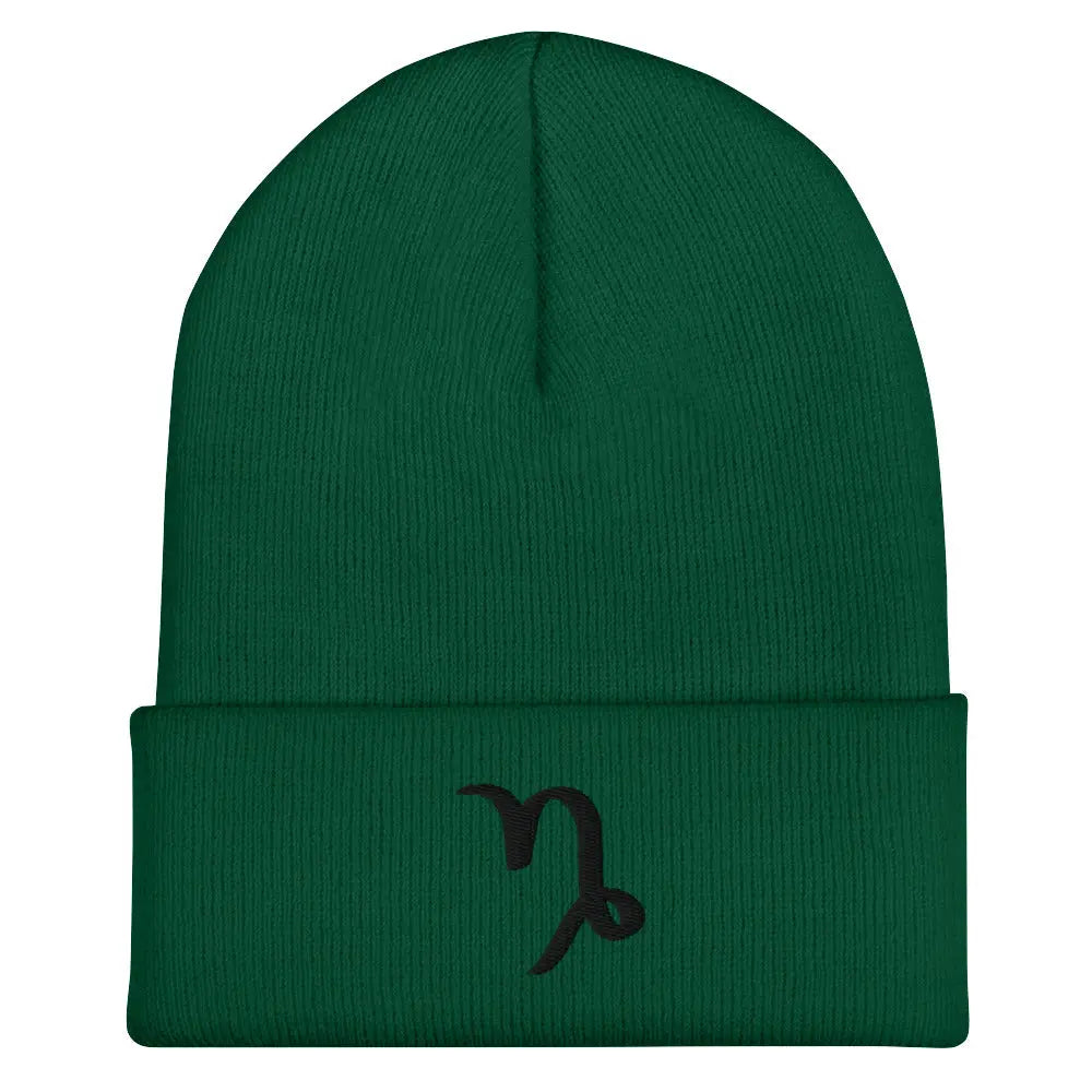 Green Capricorn Zodiac Beanie - Front view of embroidered knit hat.