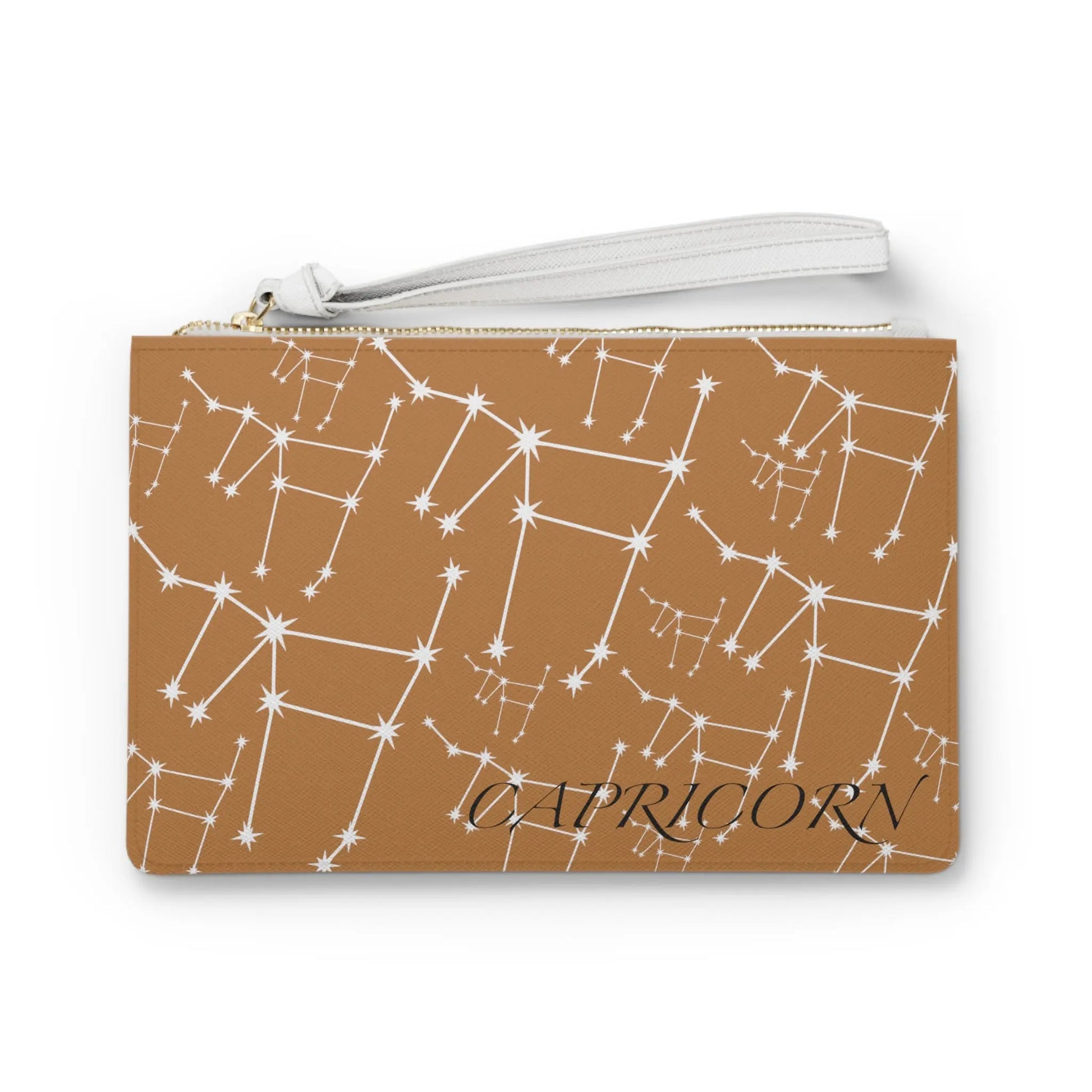Capricorn Zodiac Clutch - Front view of brown vegan leather purse with white constellation print.