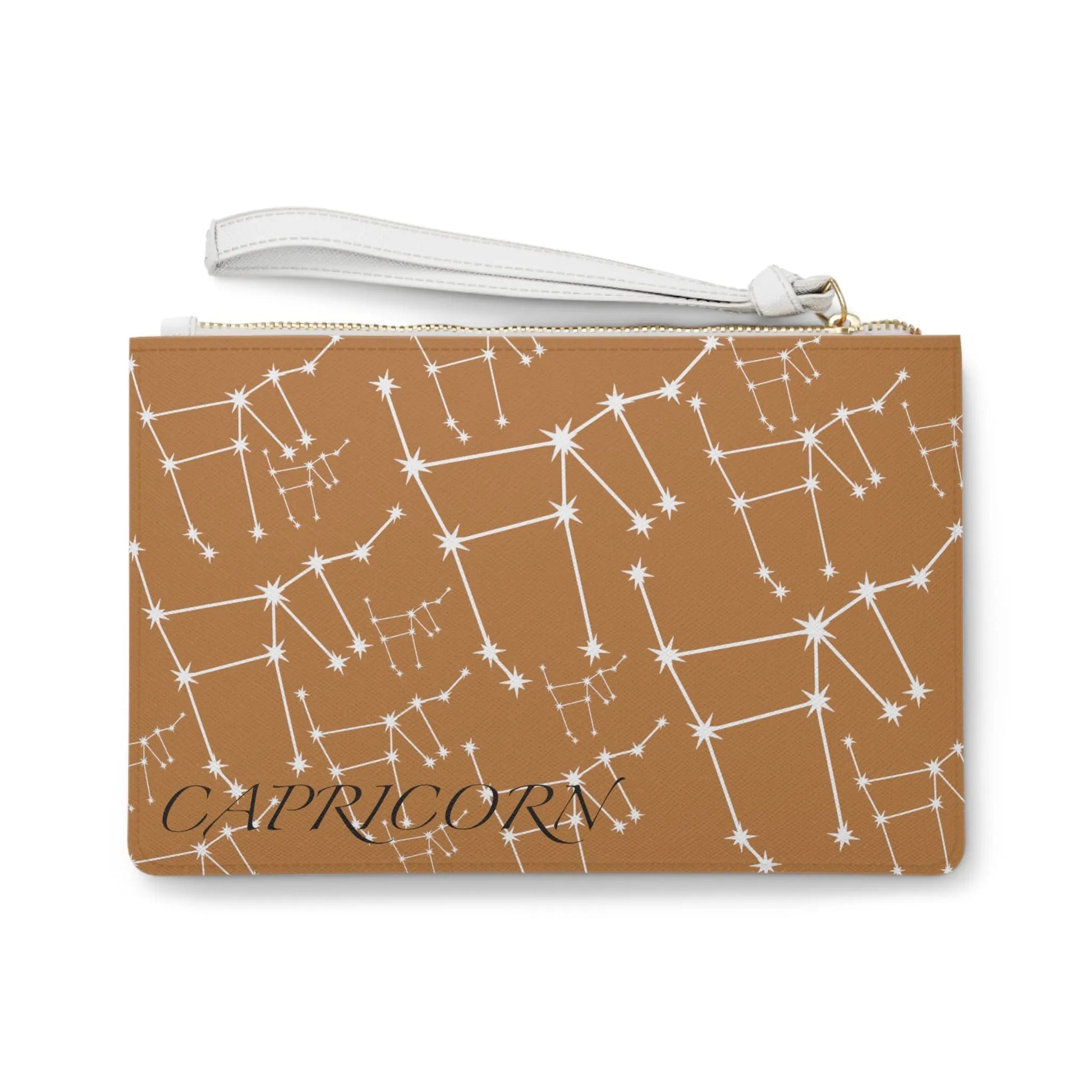 Capricorn Zodiac Clutch - Back view of brown vegan leather purse with white constellation print.