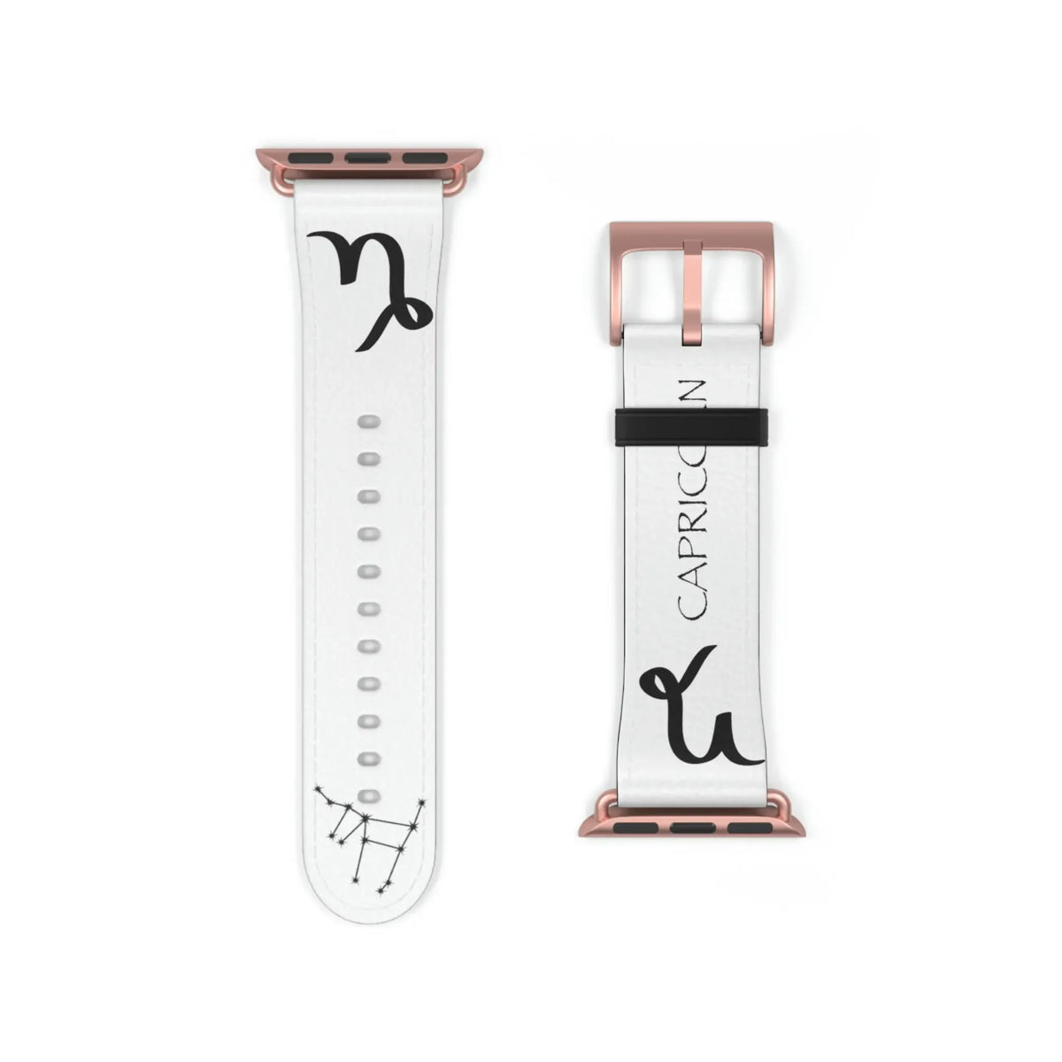 White Capricorn astrology watch band with zodiac symbol and constellation, rose gold buckle