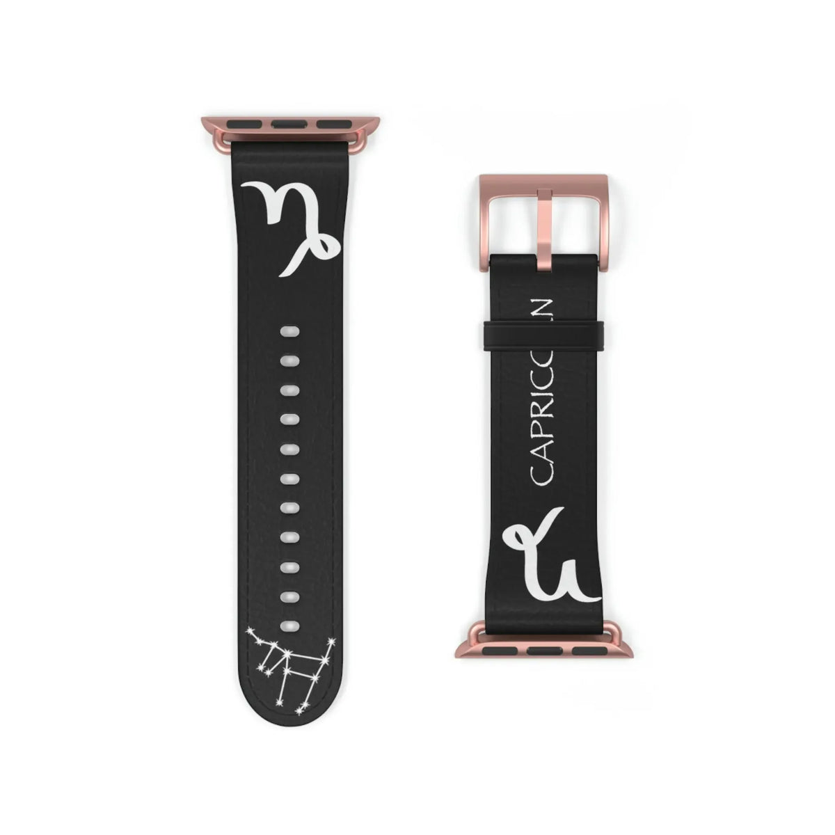 Black Capricorn astrology watch band with white zodiac symbol and constellation, rose gold buckle