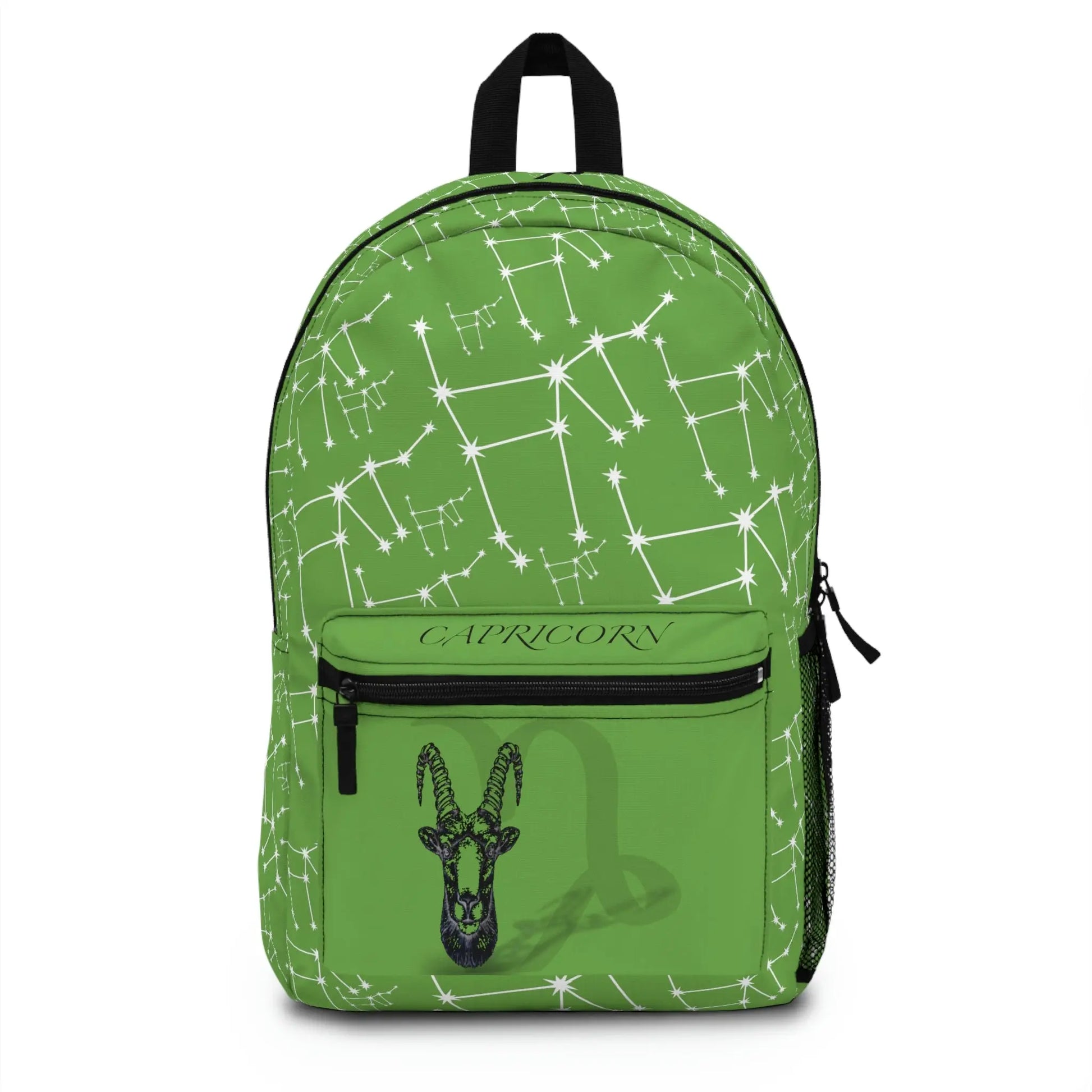 Green Capricorn Zodiac Backpack - Front view showing the constellation print and front pocket emblem.