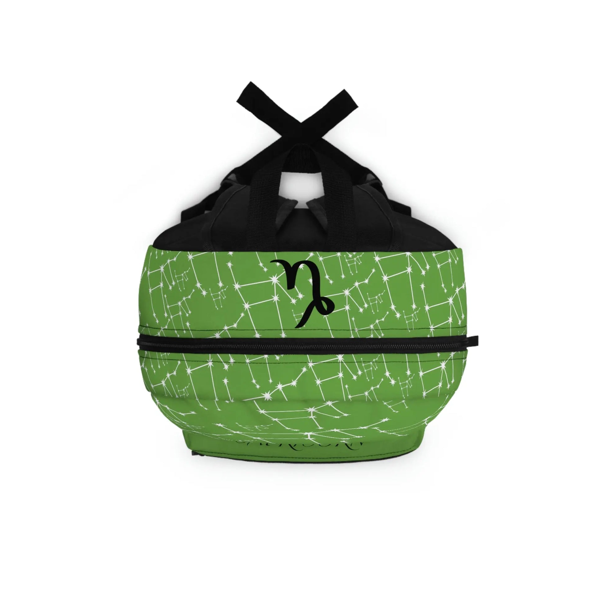 Top-down view of the green Capricorn Zodiac Backpack, showing the main zipper opening and shoulder straps.