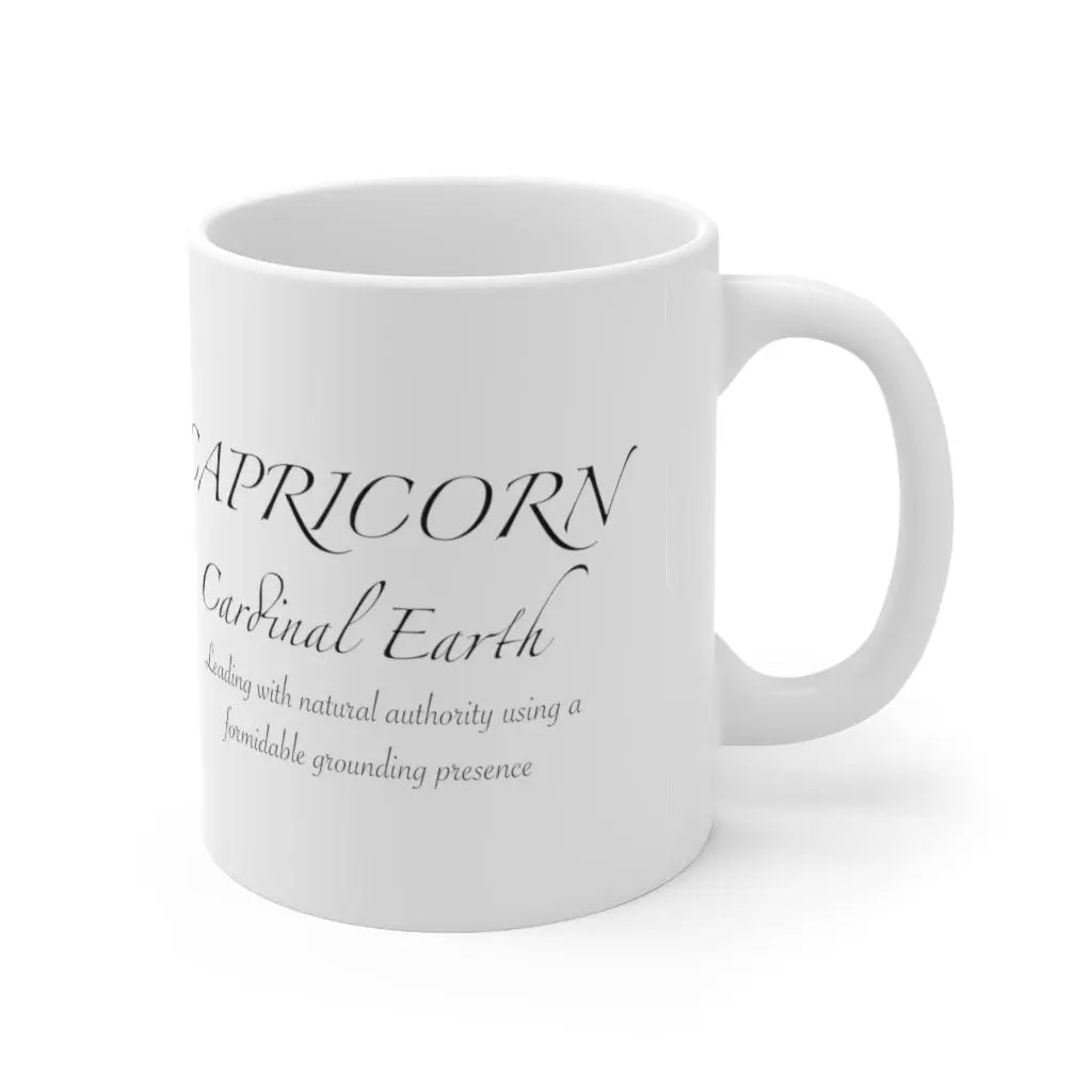 Capricorn Zodiac Mug - Left side with "Cardinal Earth" quote, clean white background.