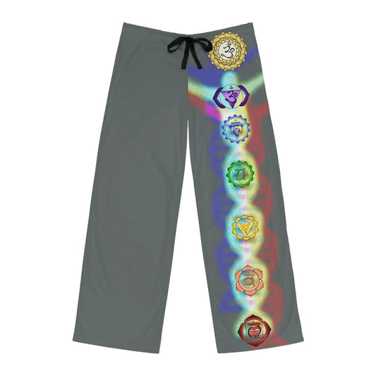 Chakra DNA Men's Lounge Pants - Front view showing the chakra and DNA helix design on the left leg.