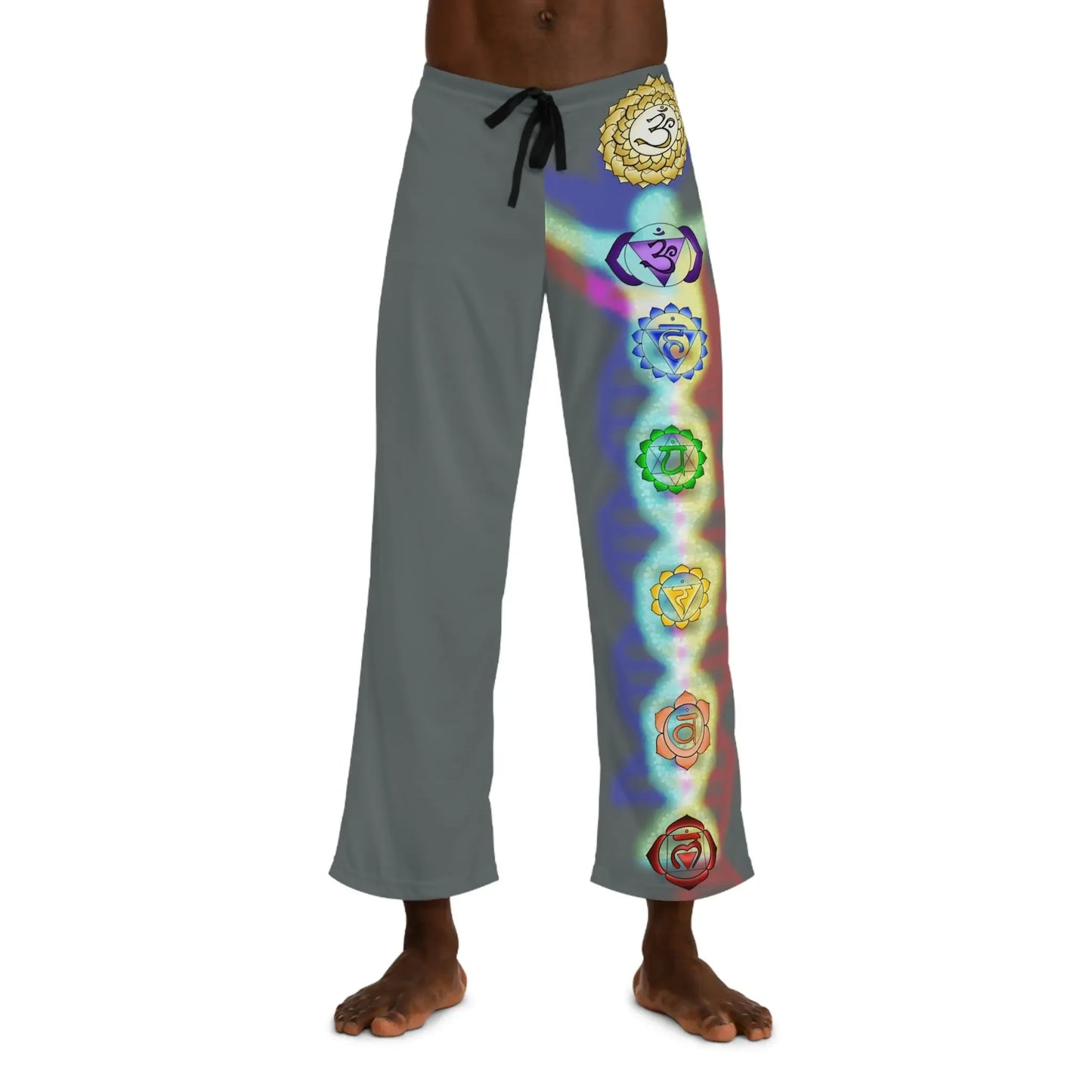 Gray lounge pants with colorful seven chakra symbols and energy flow design for spiritual wellness