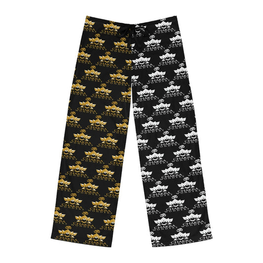 Chakra Wonders Logo Lounge Pants - Front view showing the split gold and silver logo pattern.