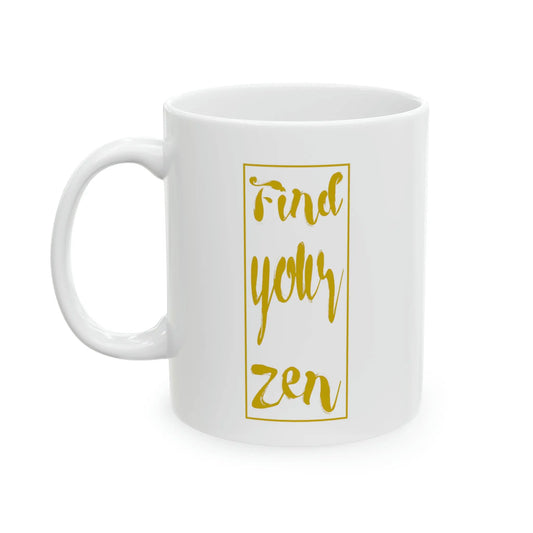 Chakra Wonders Mug - Right side showing the gold "Find your zen" text on a white background.