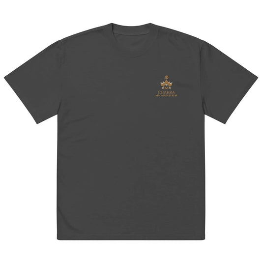 Chakra Wonders Oversized Faded T-Shirt in Faded Black with a logo on the chest, on a flat background