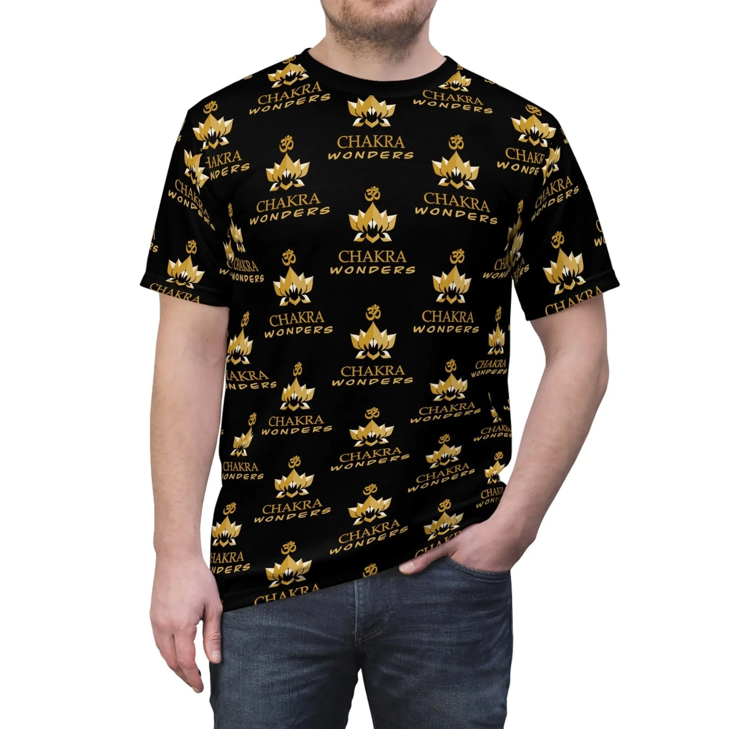 Male model wearing the Chakra Wonders T-Shirt, highlighting the gold logo design.