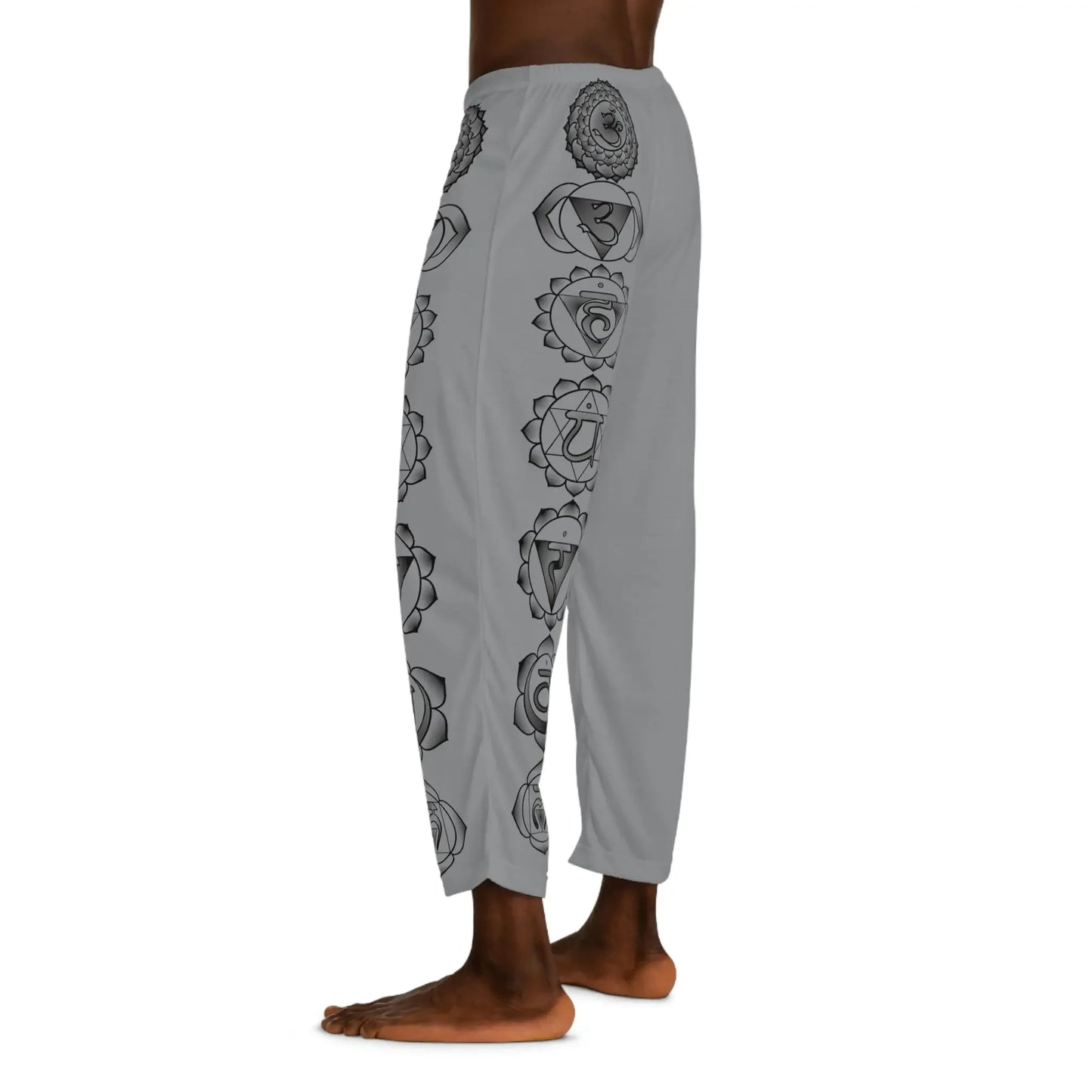Gray lounge pants with black chakra symbols, ideal for yoga and meditation practice.