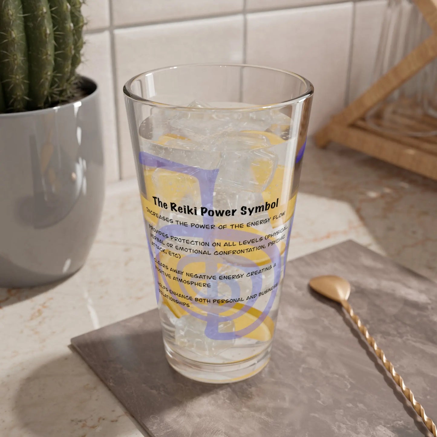 Cho Ku Rei Reiki Power Symbol Glass in a lifestyle setting.