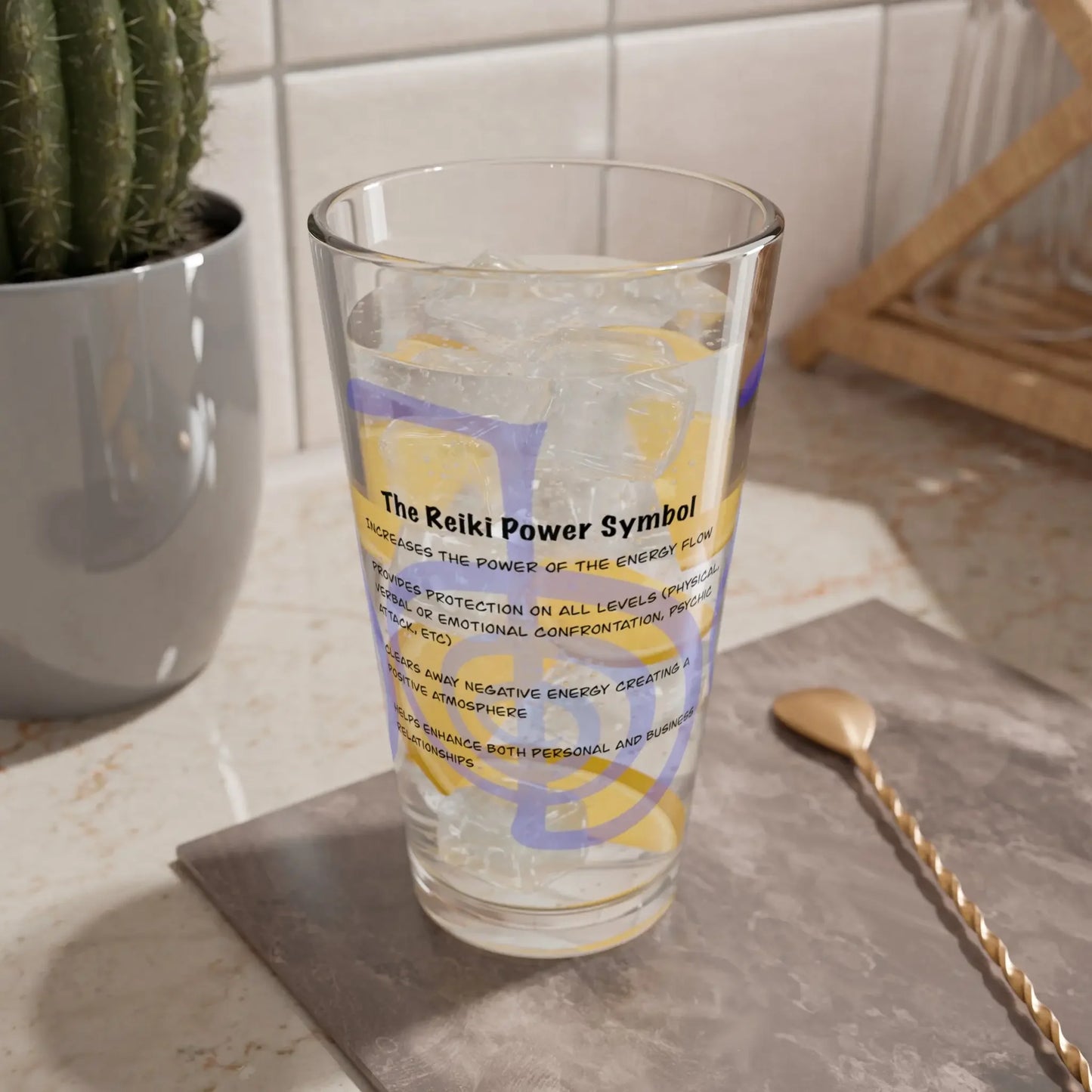 Cho Ku Rei Reiki Power Symbol Glass in a lifestyle setting.
