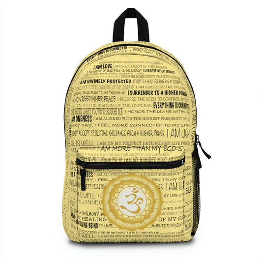 Light Yellow Crown Chakra Affirmations Backpack - Front view showing affirmation print and chakra emblem.